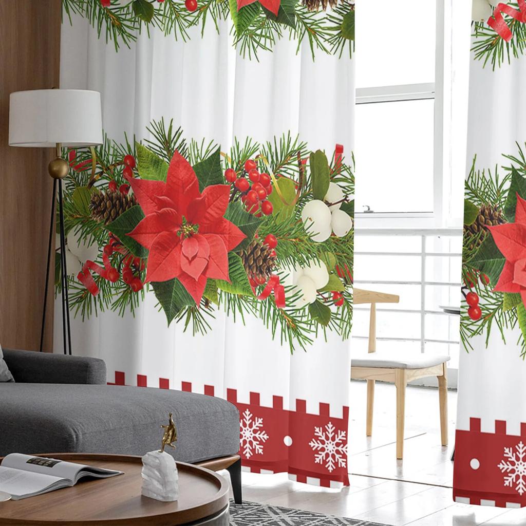 Weihnachten Blume Schneeflocke Kiefer Beere Fenster Tüll Vorhänge für Wohnzimmer Küche Weihnachten Home Decor Sheer Voile Vorhänge