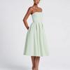 Women's Strapless Sleeveless Slim High Waist Pleated A Line Midi Dress Party Dress