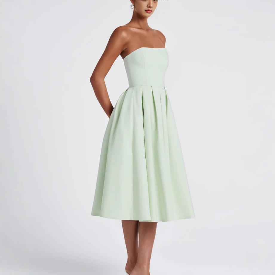 Women's Strapless Sleeveless Slim High Waist Pleated A Line Midi Dress Party Dress