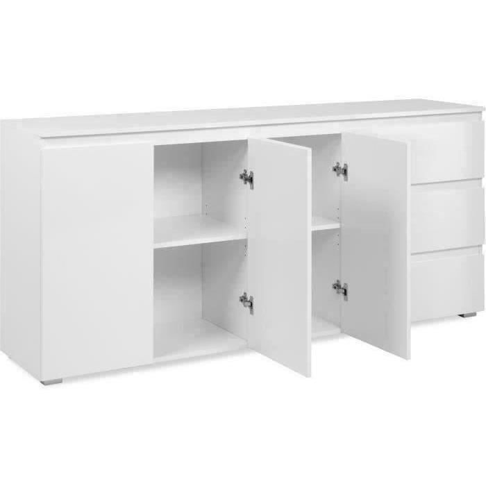 Buffet Capetown - Décor blanc brillant - Panneaux de particules - 3 portes - 3 étagères - 3 tiroirs - 179 x 80,5 x 40 cm