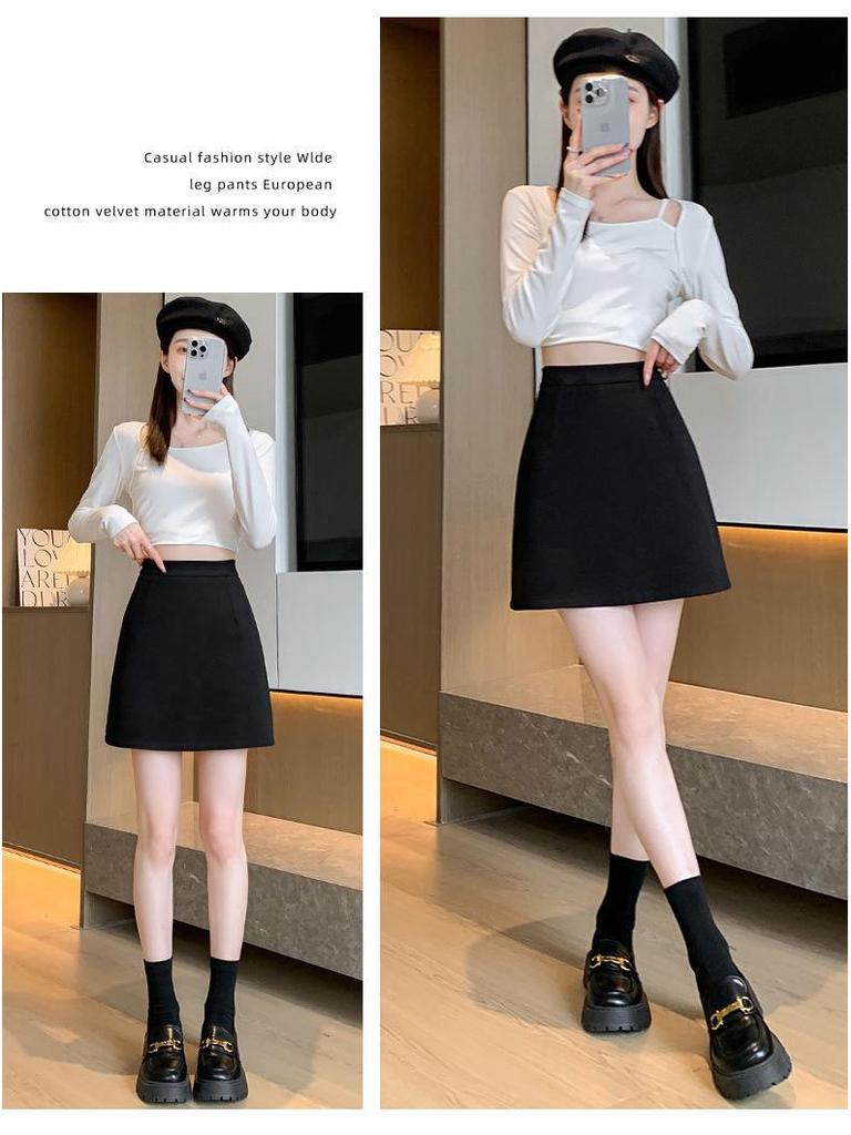 2026 Women's Black Wool Blend High-Waisted Slimming A-Line Short Skirt - Spring to Winter