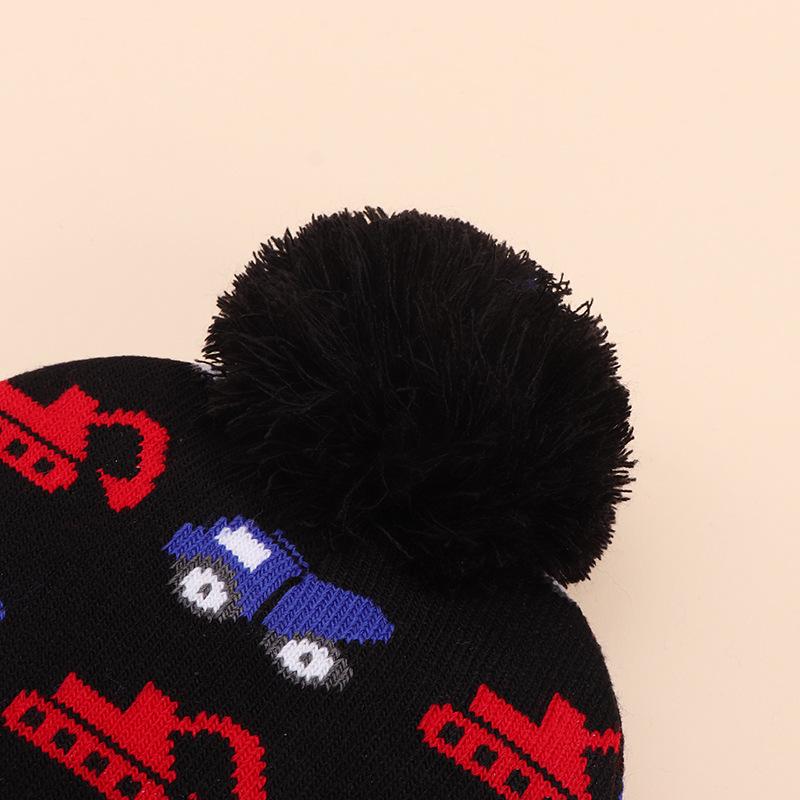 Unisex Cartoon Excavator Wool Pom-Pom Knit Hat for Kids - Warm Autumn Winter