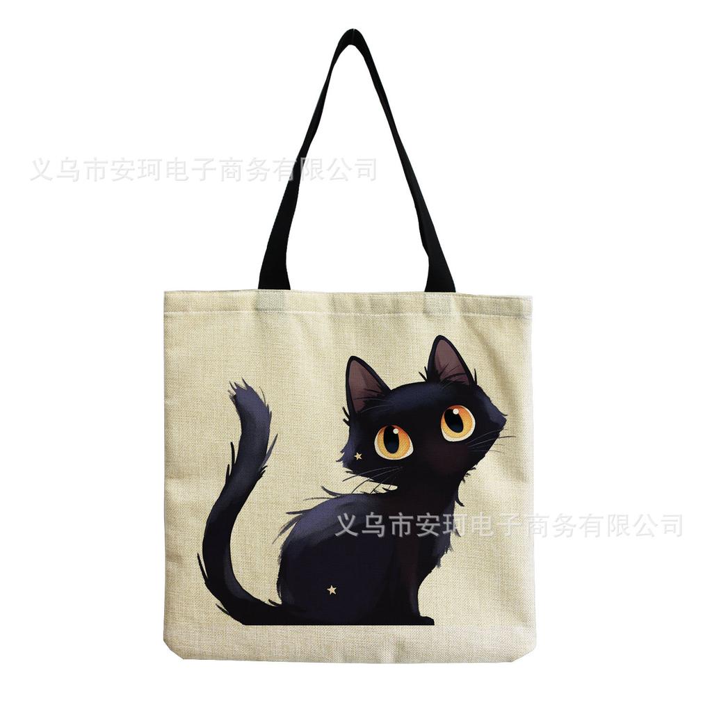 Black Cat Printed Handbag Cotton And Linen Texture Reusable Shoulder Bag Daily Shopping Environmental Protection Bag