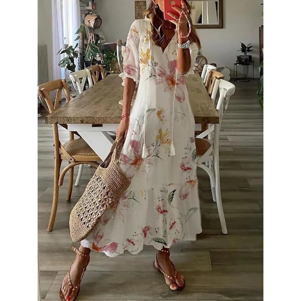 Women's V Neck Floral Print Short Sleeve Tassel Tie Loose Fit Maxi A-Line Dress