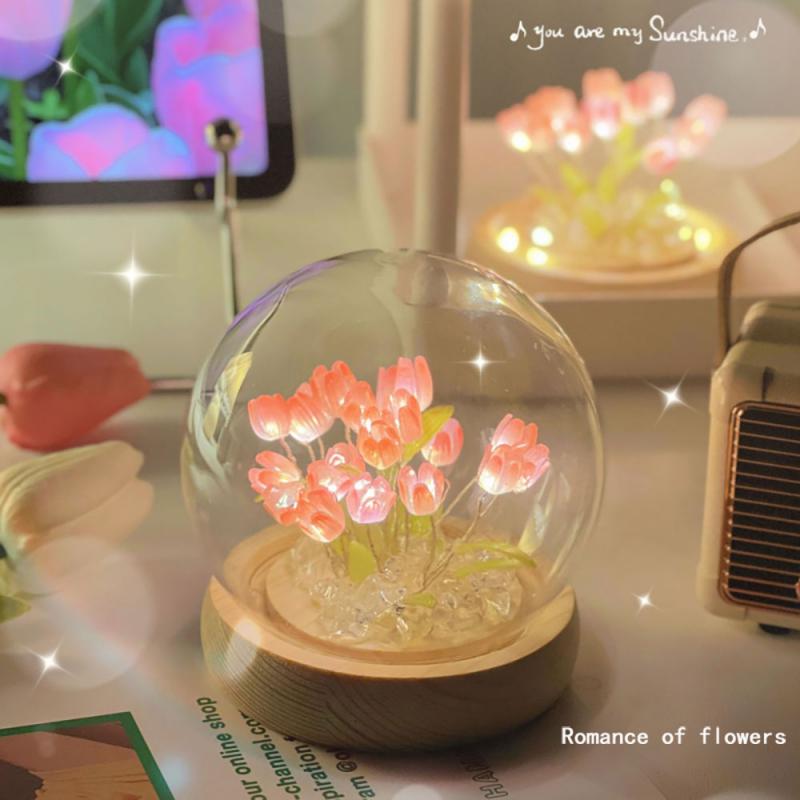 Led Tulip Small Night Lamp Artificial Flower Bedroom Ins Sleep Light Birthday Gift Girls Room Flower Ambience
