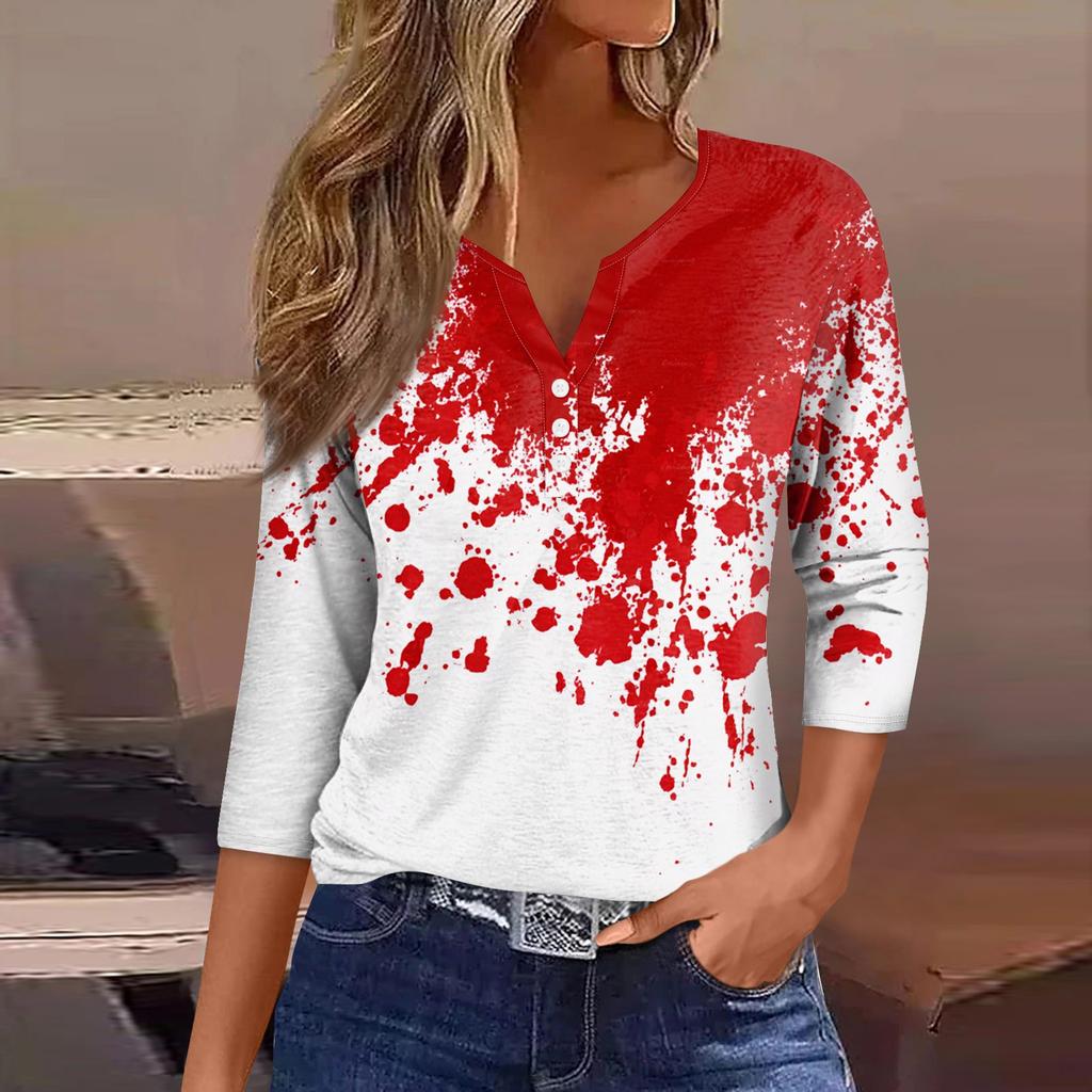 Women's Fashion Casual Halloween Printed V.Neck Short Sleeve Decorative Button Three.quarter Sleeve T-shirt Tor
