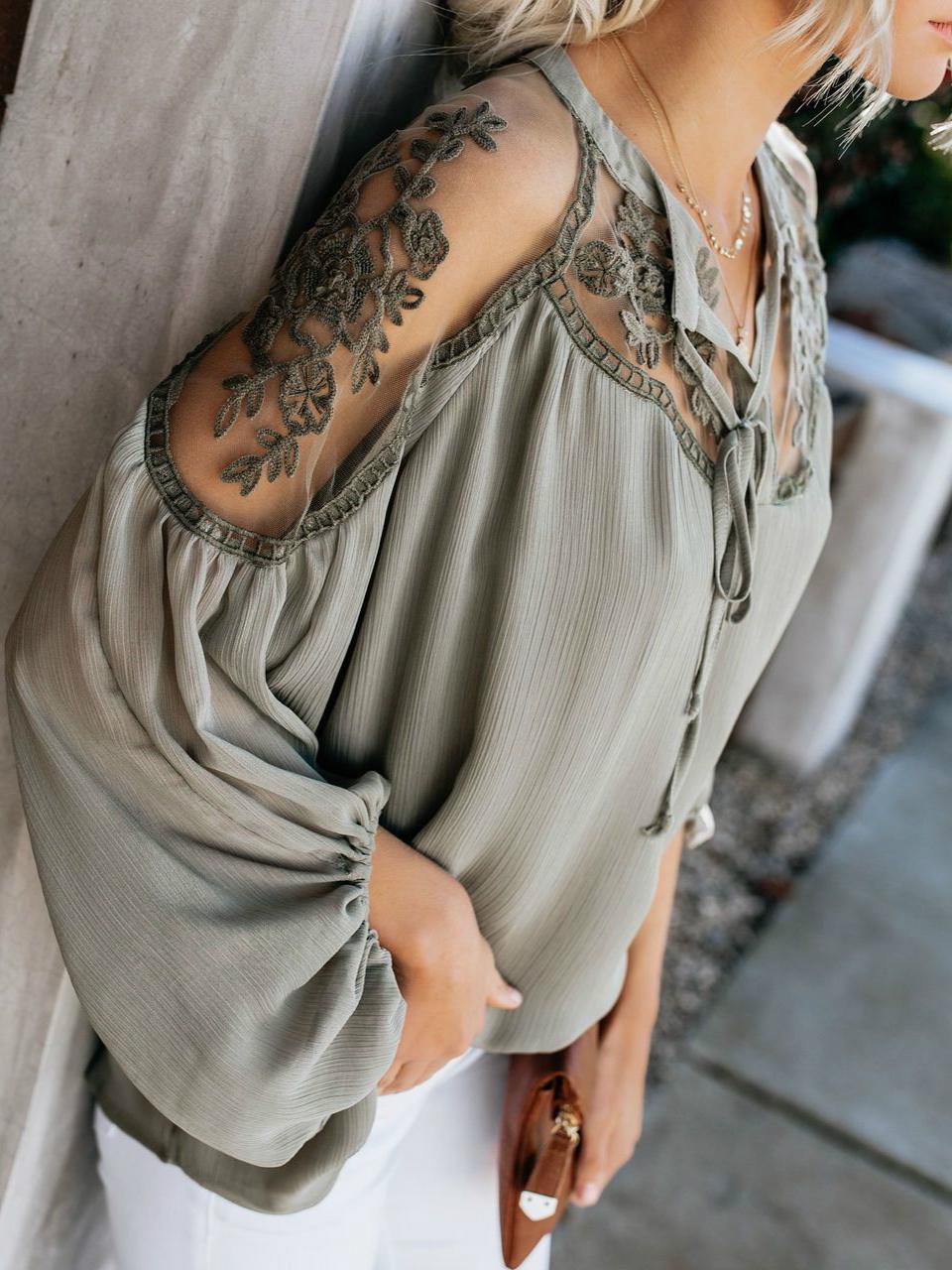 

Женская сексуальная шифоновая рубашка с V-образным вырезом, кружевная перспектива, рукав-фонарик, футболка, летняя модная блузка, топы, удобная высококачественная персонализированная одежда XXL армия зеленый