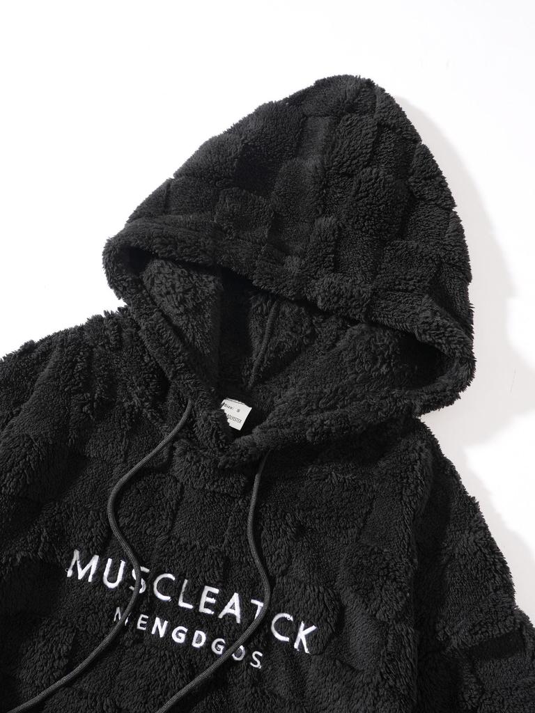 2025 Autumn/Winter Men's Embroidered Fur Hoodie with Drawstring