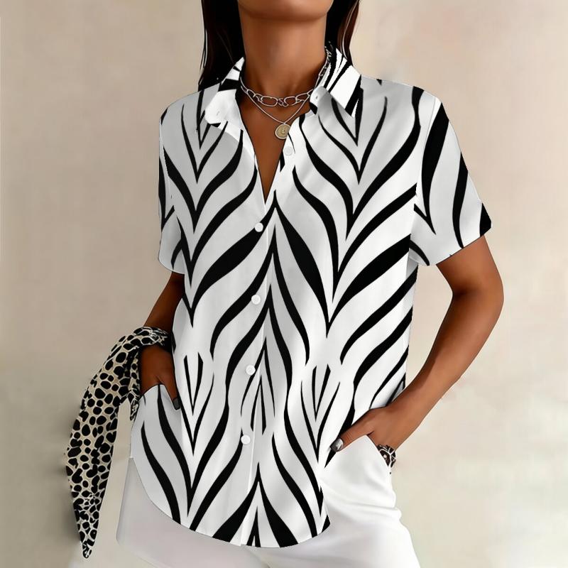Simple and Personalized Striped Print Summer Women's Plus Size Lapel Short Sleeved Shirt Fashionable Daily Versatile Top