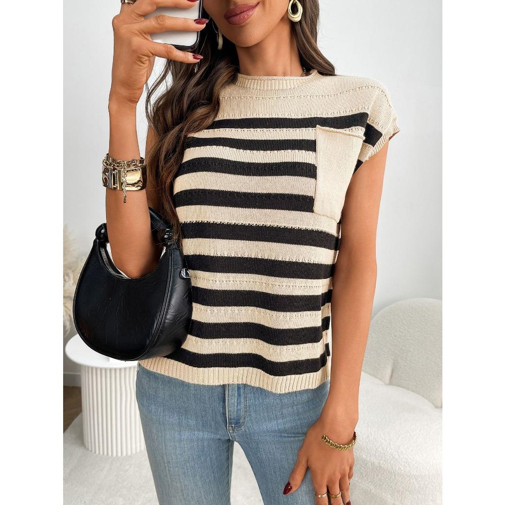 Summer New Women's Round Neck Top Knitted Casual Striped Sweater