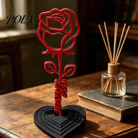 Handwritten Mom Rose Stem And Heart Sculpture, 3D Printed Red Ornament, Sculpture Statue, Mother's Day Birthday Gift for from Daughter Son Ornament