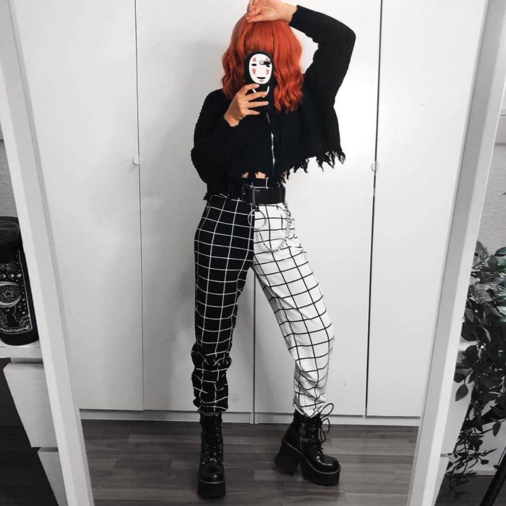 Vintage Plaid Patchworkowe spodnie Harajuku damskie spodnie gumki spodnie z wysokim stanem przyczynowe proste spodnie w szachownicę w kratę Prited