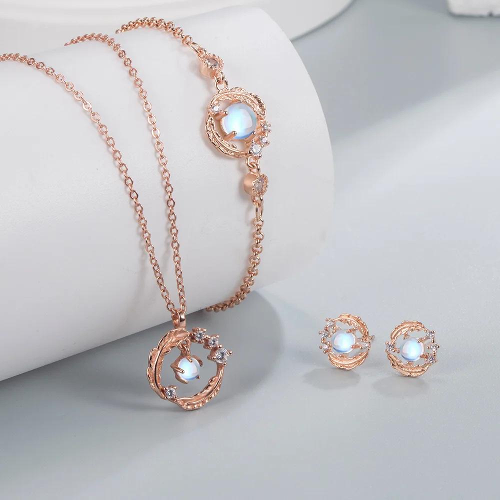 S925 Zilver Maansteen Veer Jij Begeleidt Ketting Oorbellen Armband Set Verlovingssieraden Cadeau voor Vrouwen gray