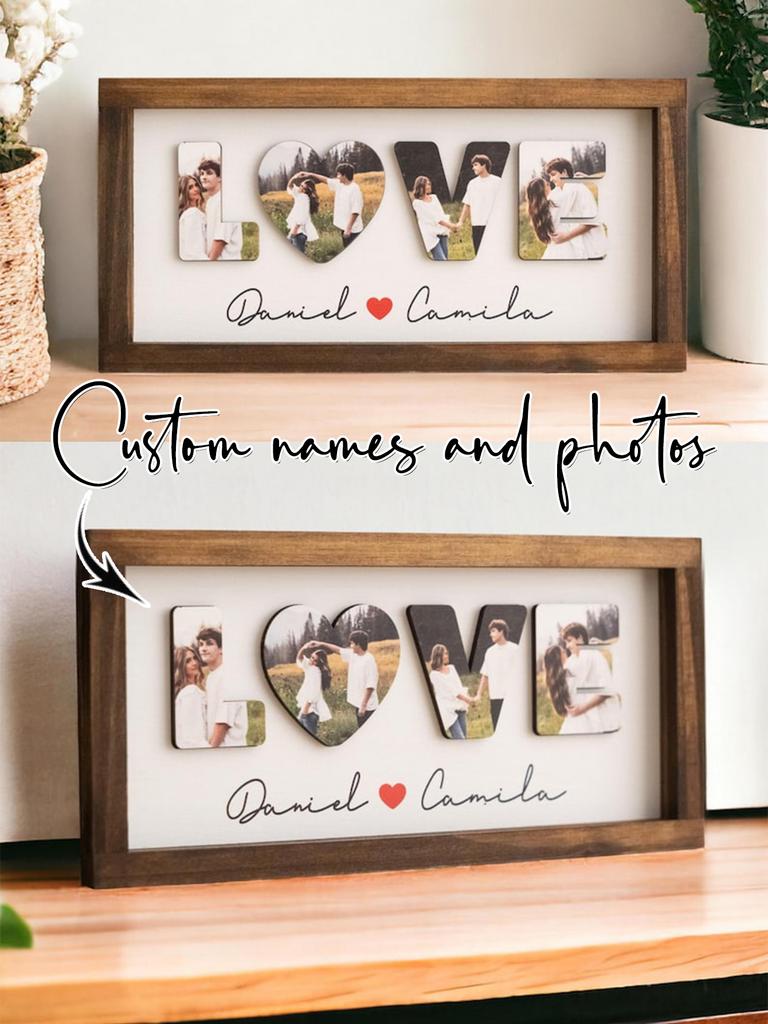 Custom LOVE Photo Wooden Frame Heart Picture Collage Plaque Wedding Engagement Anniversary Home Wall Decor Romantic KeepsakeGift