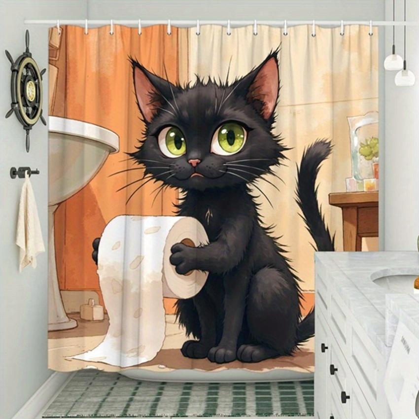 1pc Black Cat Toilet Paper Shower Curtain - Green Eyes, Slightly Annoyed, Earthy Tones, Polyester, 70.8x70.8", Humorous Design