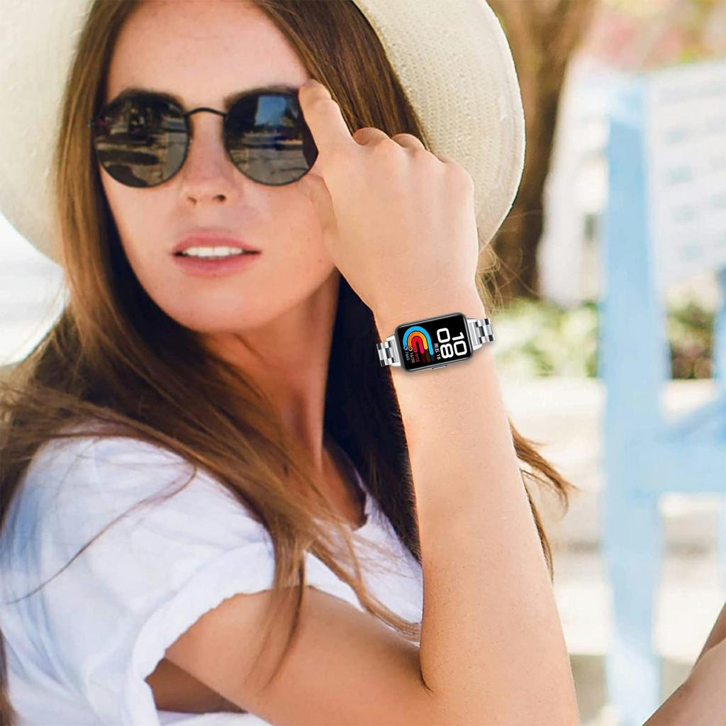 Silver Watch Band for Huawei Band 10/9/8 Stainless Steel 3-Bead Metal Strap