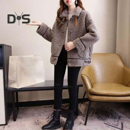 Winter Women Coat Single-breasted Turn-down Collar Long Sleeves Loose Thick Plush Pockets Belt Decor Windproof Warm Jacket