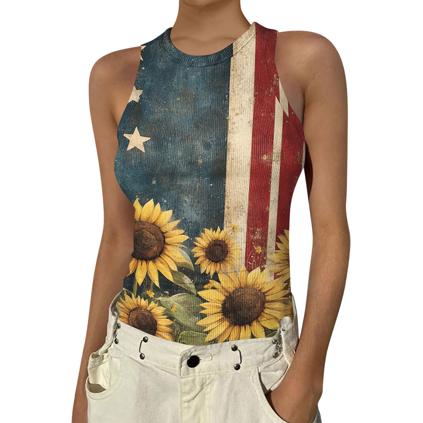 Women s Fashion Round Neck Independence Day Print Sleeveless Vest Top L синий