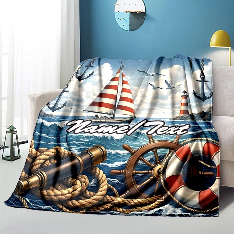 1PC Custom Name Sailboat Adventure Sea Outdooor Flannel Blankets Throw Blanket All-Season Throw Gift Bedspread for Couch, Bed, Camping Holiday Birthda