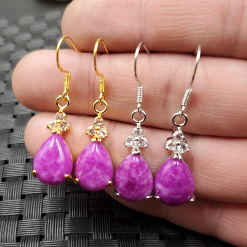 Peach Blossom Pink Jade Water Drop Earrings with Rhinestones Gold Model