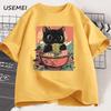 Cute Black Cat Eating Ramen T-Shirt Men Women Adorable Graphic Tee Shirt Foodie and Cat Lover Tshirt Animal Printed Tees Top