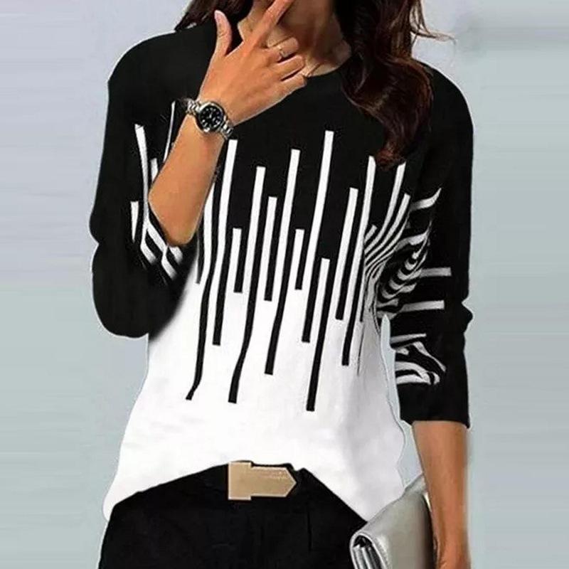 Women‘s Round Neck Long Sleeve Loose Fit T-Shirt Colorblock Print Plus Top
