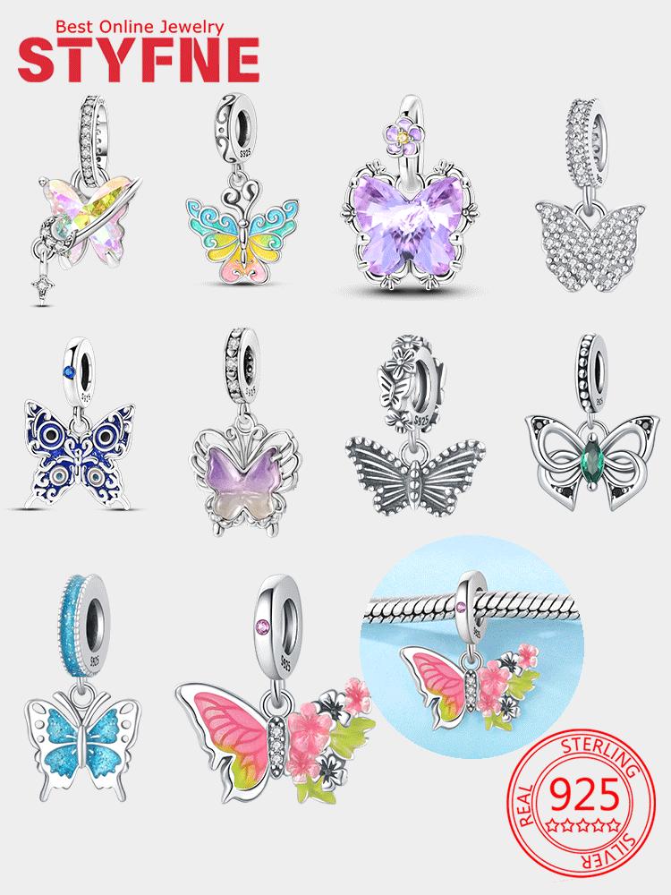 Butterfly Series Purple Zircon Butterfly Pink Butterfly Copper Charms Bead Pendant Fit Diy Bracelet Women Fine Gift Jewelry