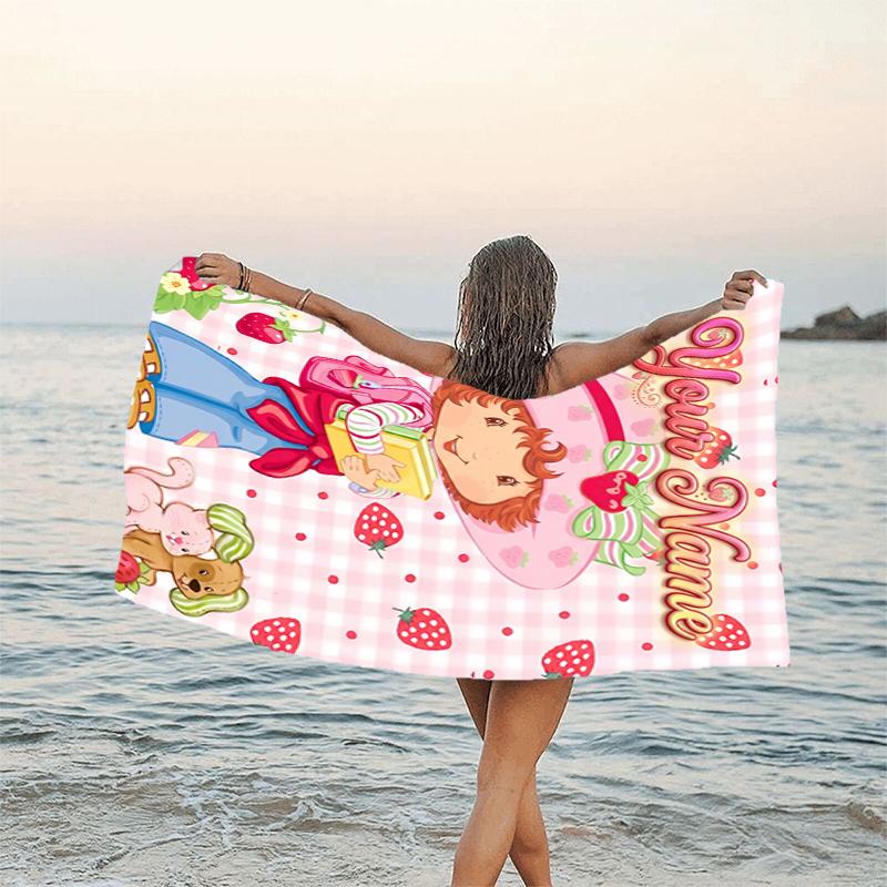 1pc Princess Strawberry Beach Towel with Custom Name, Beach and Seaside Swimming Pool Equipment, Fashion Pattern, Rectangular, Travel Essential