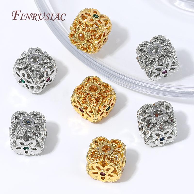 18K Gold Plated Hollow Flower Barrel Spacer Beads,Multicolor CZ Inlaid Loose Bead For DIY Pearl Necklace Jewelry Making Supplies