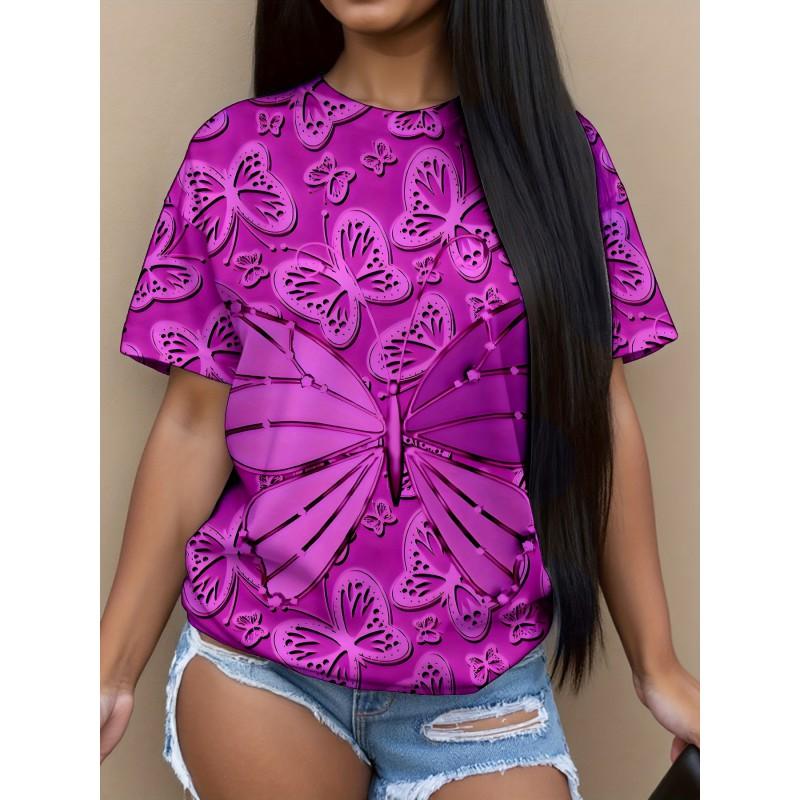 Womens Casual Round Neck Short Sleeve T-Shirt With Butterfly Print Loose Fit 2025