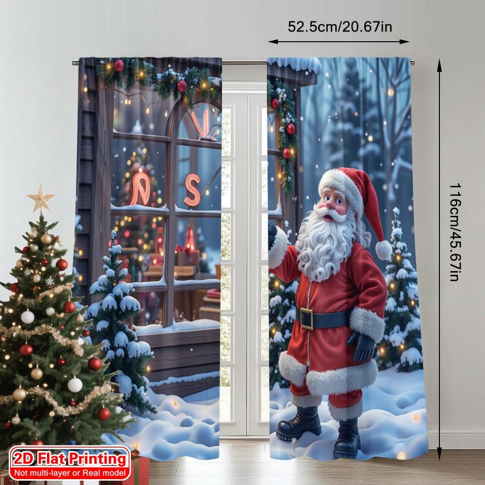 2pcs 2D flat printing Christmas Curtain Santa Christmas Snow Scene Polyester Fabric Without Electricity Party & Holiday Decor