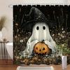 1pc Halloween Shower Curtain - White with Black Joyful Face Carved Pumpkin & Witch Hat Design, Machine Washable Polyester Fabric