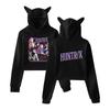 Женский Милый Укороченный Худи с Ушками Кошки HUNTR/X Ретро Комикс Постер Охотники на Демонов Принт Длинный Рукав Уличный Стиль Графический Худи