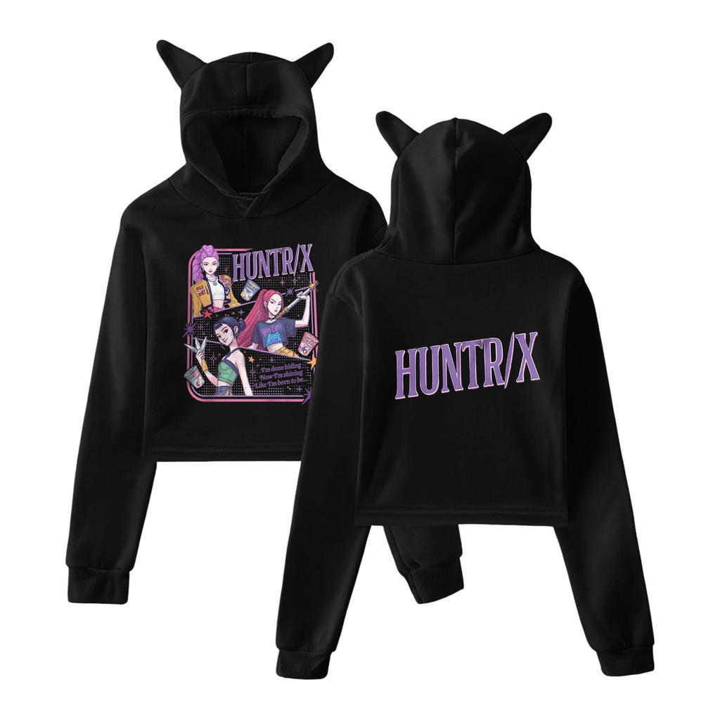 Женский Милый Укороченный Худи с Ушками Кошки HUNTR/X Ретро Комикс Постер Охотники на Демонов Принт Длинный Рукав Уличный Стиль Графический Худи