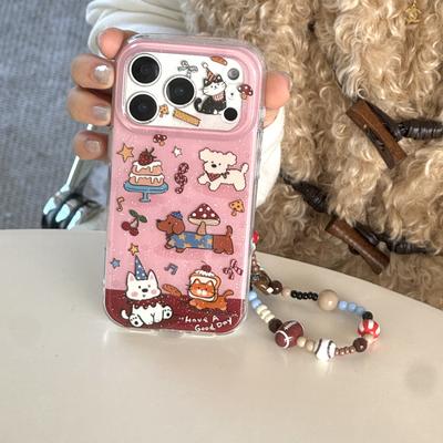 Funda para Teléfono con Cadena de Muñeca de Perlas, Dibujo Animado Brillante de Animal Rosa Lindo, para iPhone 17 16 15 14 11 12 13 Pro Max Plus, Cubierta Trasera