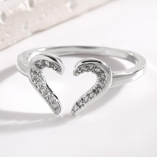 Women Ring Adjustable Open Heart Shape Finger Ring with Cubic Zirconia Semi-Inlaid Design Formal Wear Jewelry Gift