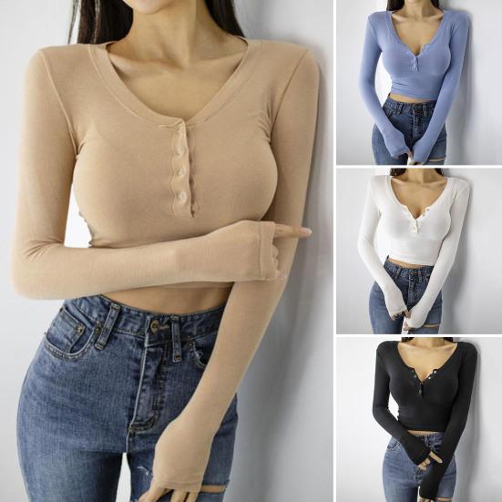 

Блузка с V-образным вырезом, длинными рукавами и пуговицами, полупланка, осень-зима