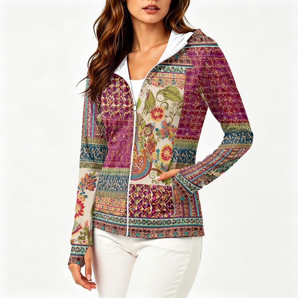 Women's Zip Up Hoodie Lightweight Long Sleeve Hooded Jacket with Pockets Floral Print Sun Protection Outerwear