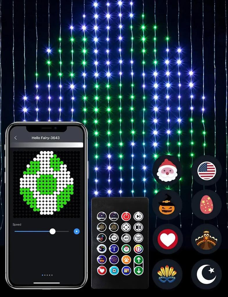 Grid Screen Hanging Smart LED Curtain Lights with Leather Line Decoration for Christmas and Dual Control Features