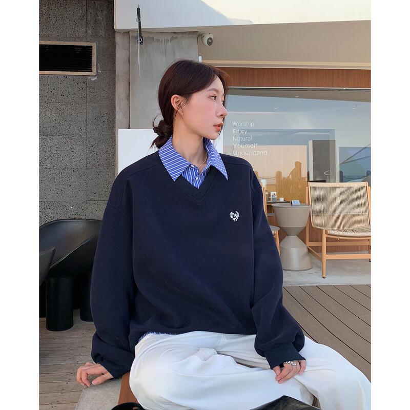 ICH MODE Women s Fake Two-Piece Polo Collar Sweatshirt S