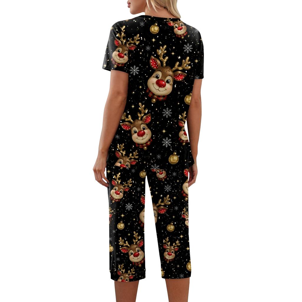 Women's Casual Christmas Print Two Piece Athletic Set Short Sleeve Top and Pants