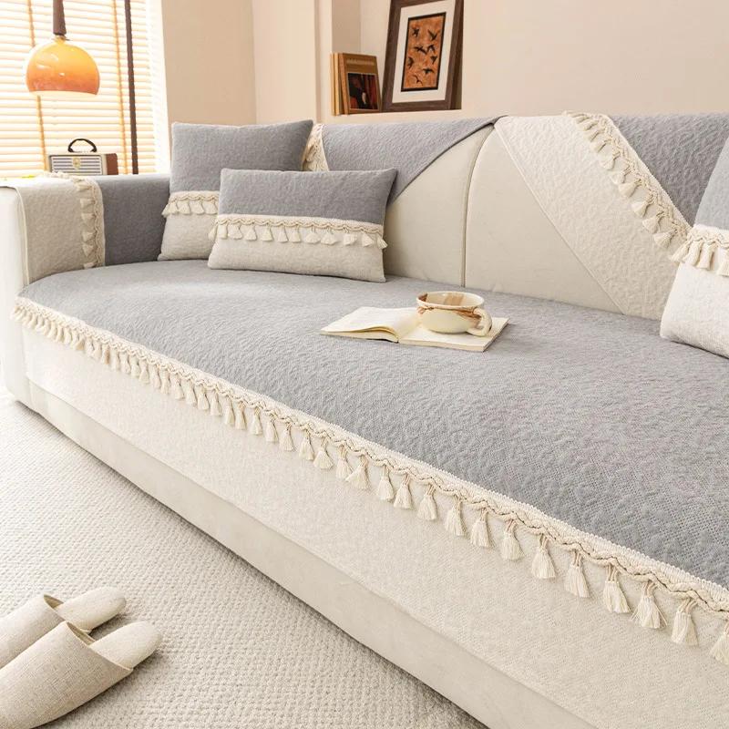 

Чехол для дивана Nordic Solid из шенилла, нескользящий, современный, вязаный, с кисточками, с белым краем, полотенце для дивана, украшение для гостиной, роскошный чехол для сиденья 70x70cm 1pcs