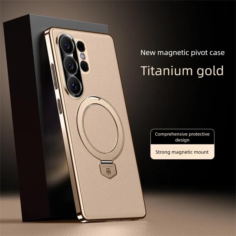 Premium Aviation Aluminum Alloy Bracket Case For Samsung Galaxy S26 Ultra/S25 Ultra/S24 Ultra Magnetic Vegan Leather Stand Cover