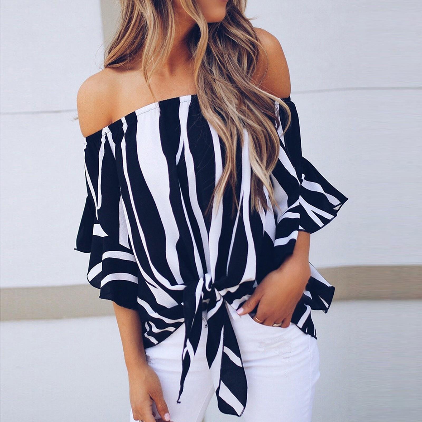 Women Striped Off Shoulder Waist Tie Blouse Short Sleeve Casual T Shirts Tops M чёрный