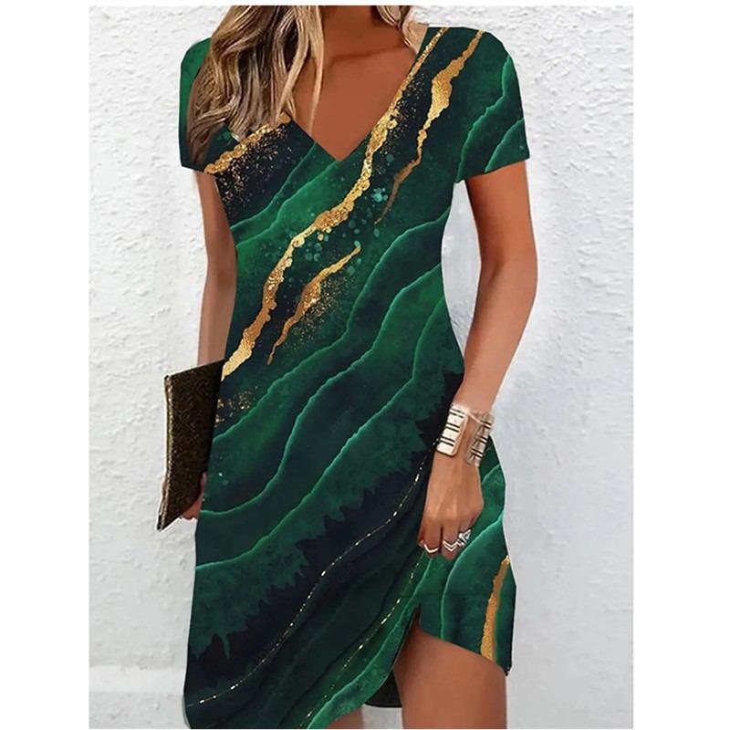 Women Short Sleeve V-Neck A-Line Dress Marble Pattern 3D Print Dress Oversizd Casual Elegant Female  Vestidos