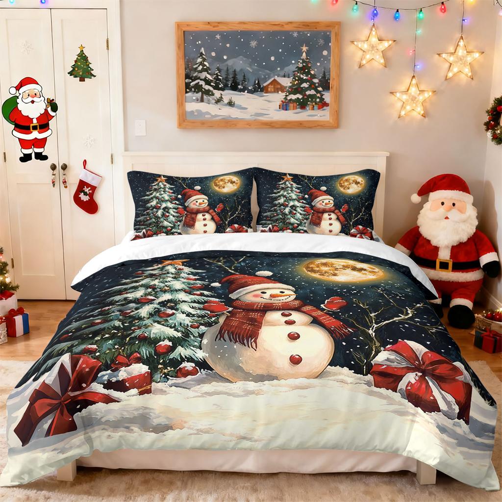 3pcs Christmas snowman reindeer red print coreless duvet set multi size bedroom bedding holiday decoration soft machine washable