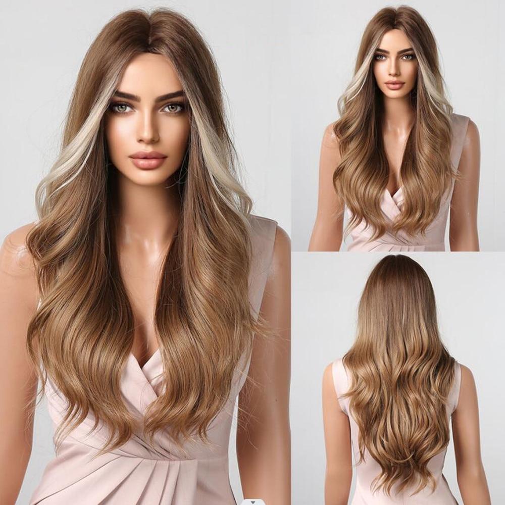 ALAN EATON Long Water Wavy Dark Brown Synthetic Wigs Middle Part Natural Looking Daily Party Wig for Women Heat Resistant Fiber