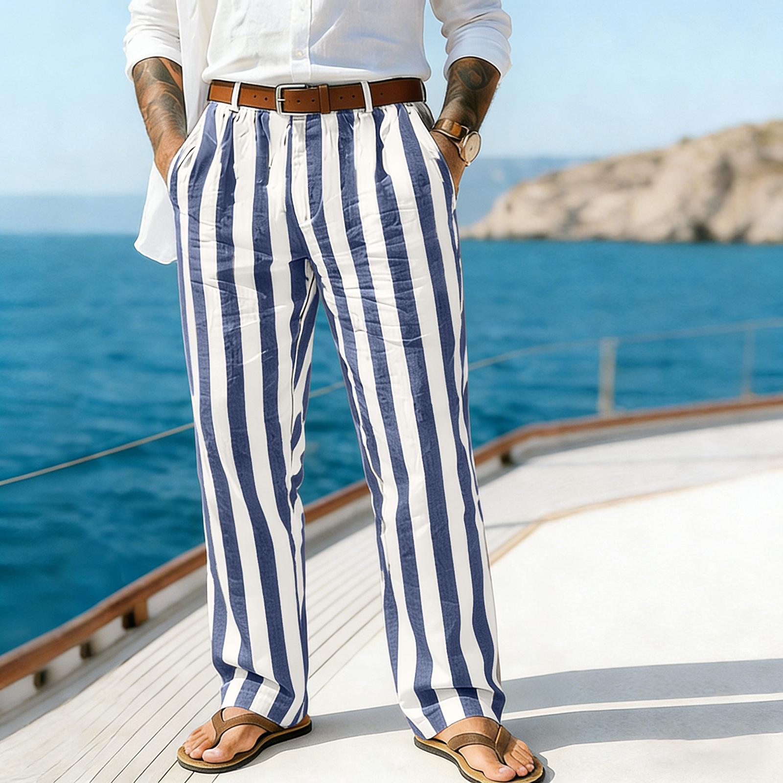 Men s Sporty Casual Striped Elastic Waist Straight Leg Pants L