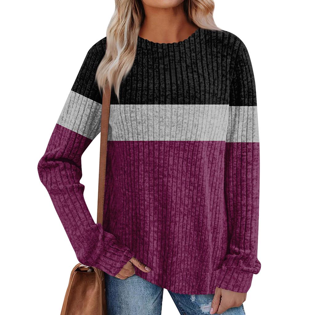 Women's Winter Color-Block Printed Lightweight Brushed-Cotton Round Neck Top