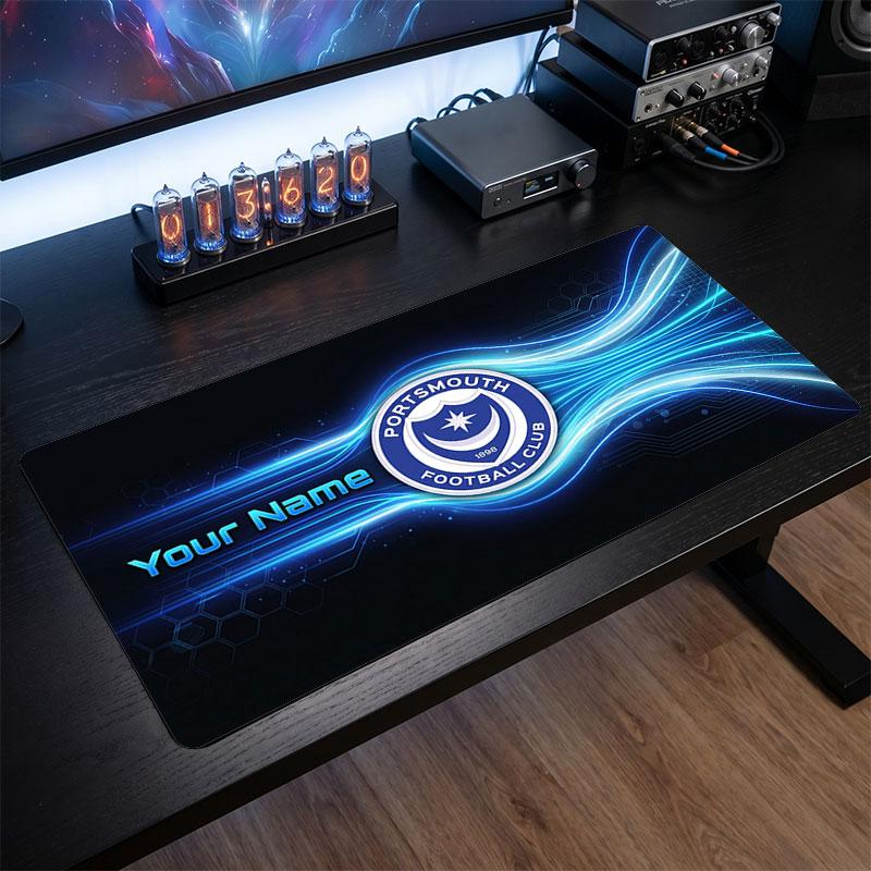Portsmouth FC Custom Large Mouse Pad, Personalized Name Text Print, Football Logo Non‑Slip Desk Mat Gaming Gift